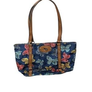 Franco Sarto navy blue butterfly print tote bag with brown leather straps